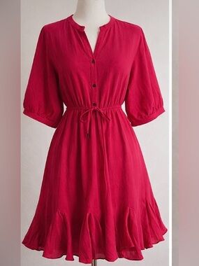 She + Sky Red Puff-Sleeve Dress with Drawstring Waist